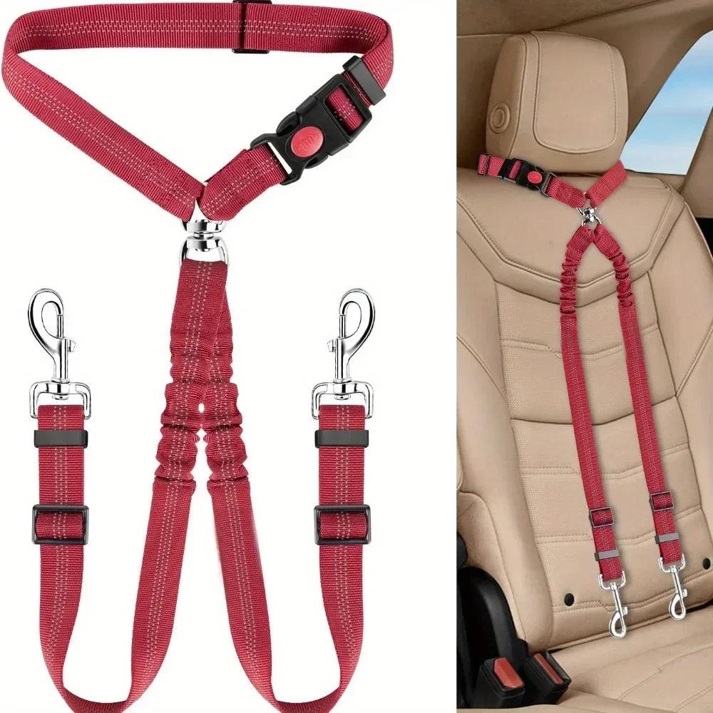 Double Dog Safety Belt: Adjustable Car Headrest Restraint & Splitter Harness for 2 Dogs - Elastic Travel Seatbelt - Premium dog sseat belt from Lizard Vigilante - Just $18.69! Shop now at Lizard Vigilante