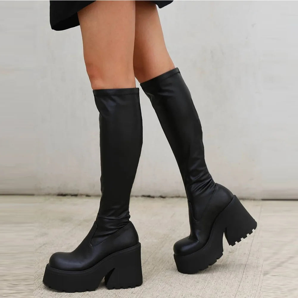 GIGIFOX Gothic Platform High Boots for Women – Black Punk Combat Motorcycle Chunky Halloween Stretch Boots - Premium platform boots from Lizard Vigilante - Just $53.88! Shop now at Lizard Vigilante