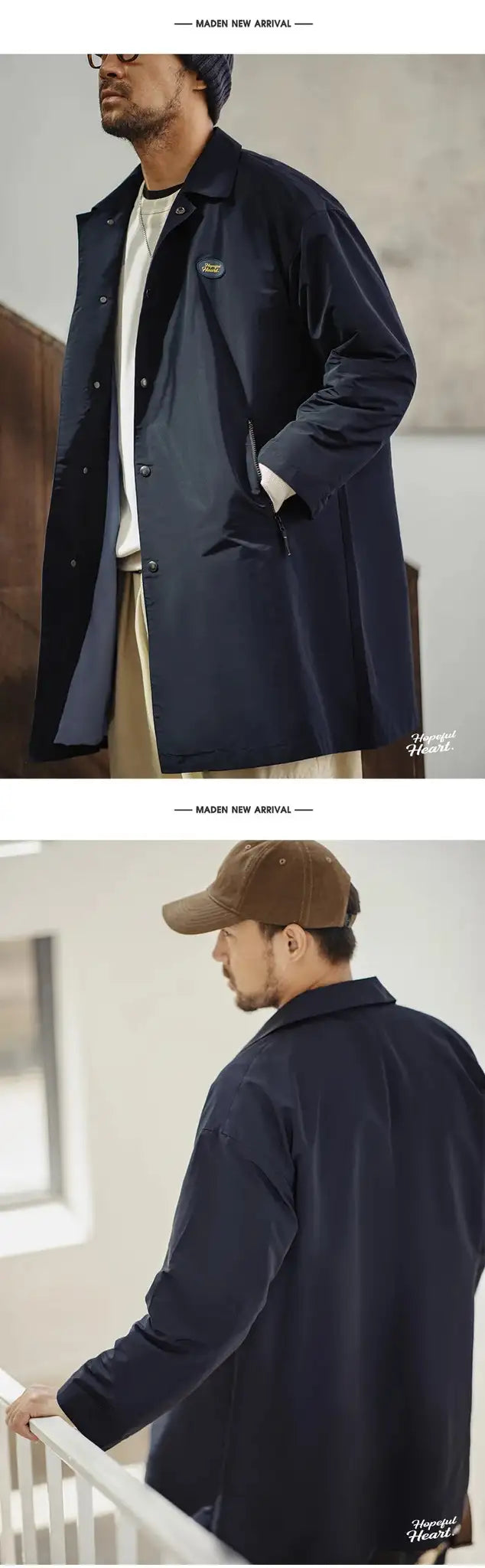 Maden Men's Vintage Balmacaan Waterproof Windbreaker Coat Single-Breasted Mid-Length Classic Collar Jacket for Spring and Autumn