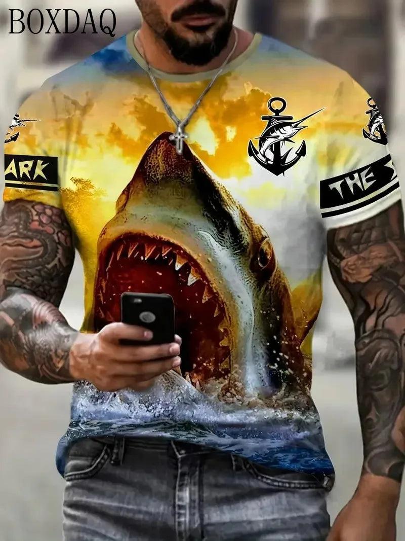 Summer 2024 Shark Attacks T-Shirts For Men's Beach Casual Summer 3d Print Killer Street Style Man T Shirt Short O-Neck Love Shark Trend Hip Hop Tops Tee 6XL Plus Size - Lizard Vigilante