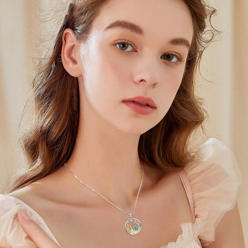 925 Sterling Silver Opal Sea Turtle Starfish Necklace Ocean Beach Necklace Mother Daughter Pendant Animal Jewelry Gift for Women