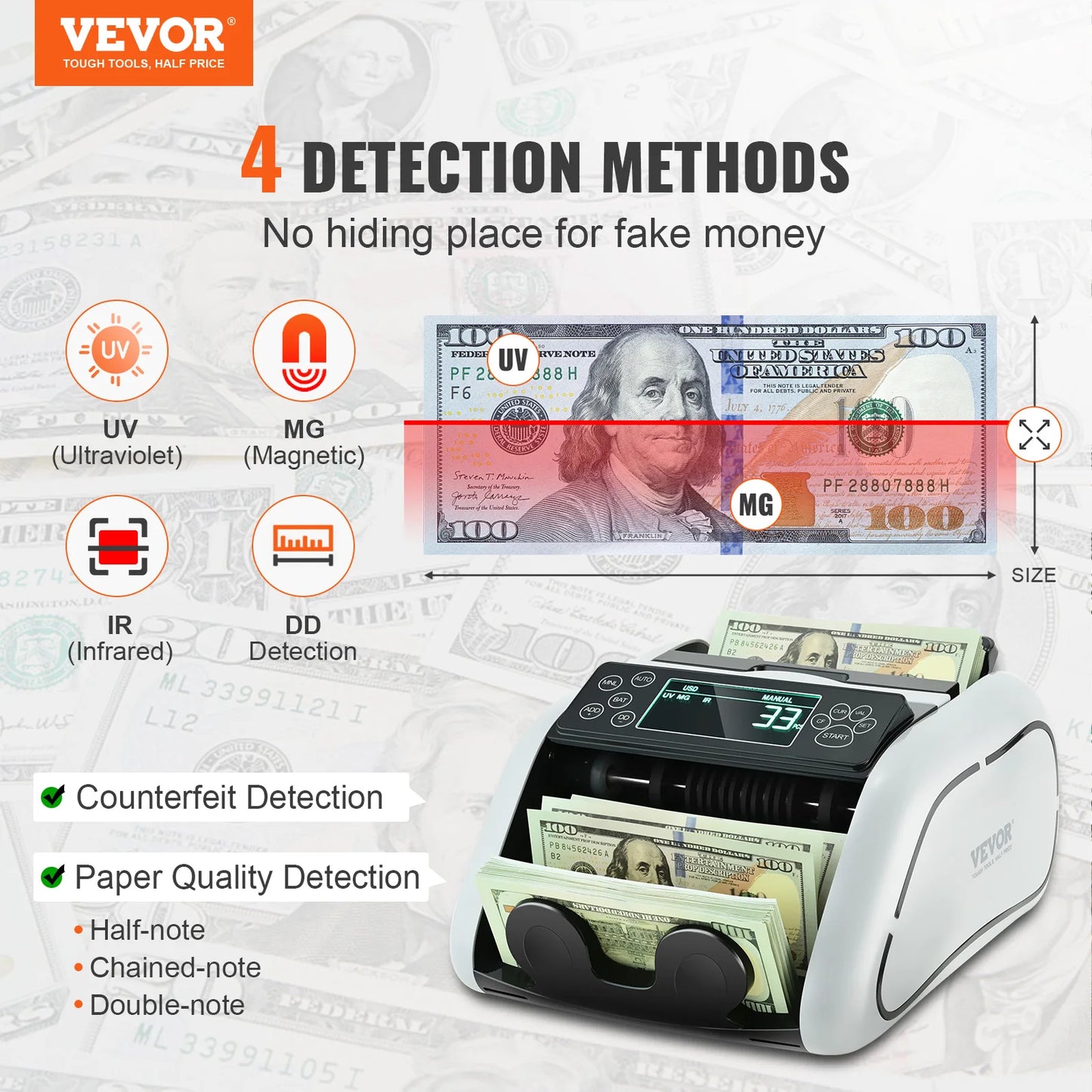 VEVOR 1000 Pcs/Min Money Counter Business Cash Register Bills Counterfeit Bill Detector by UV/MG/IR/DD Function for Bank Store - Premium  from Lizard Vigilante - Just $130.99! Shop now at Lizard Vigilante