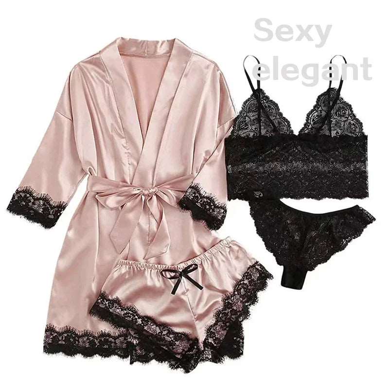 4 Pieces Woman Sleepwear Pajamas Ser With Robe Sexy Lace Lingerie Bathrobe Silk Satin Home Clothed Nightwear Robe - Premium Lingerie from Lizard Vigilante - Just $27.99! Shop now at Lizard Vigilante