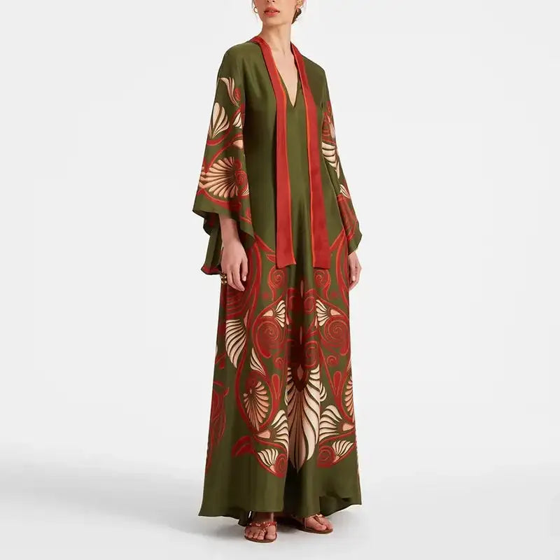 Ethnic Retro Spring Print Boho Long Dress Women Sexy Stand Collar Lace-up Party Dress Fall Long Sleeve Loose Ladies Maxi Dresses