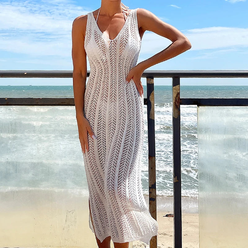 2024 Summer Chic Hollow Out Knitted Maxi Dress – Sexy Sleeveless Beach Cover-Up for Vacation - Premium beach cover up dresses from dsers - Just $38.88! Shop now at Lizard Vigilante