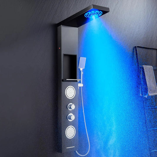 POPFLY LED Shower Panel with Shelf – Black 304 Stainless Steel, Multi-function Mist & Rainfall Shower System with Body Jets and Tub Spout - Premium shower panel from Lizard Vigilante - Just $146.99! Shop now at Lizard Vigilante