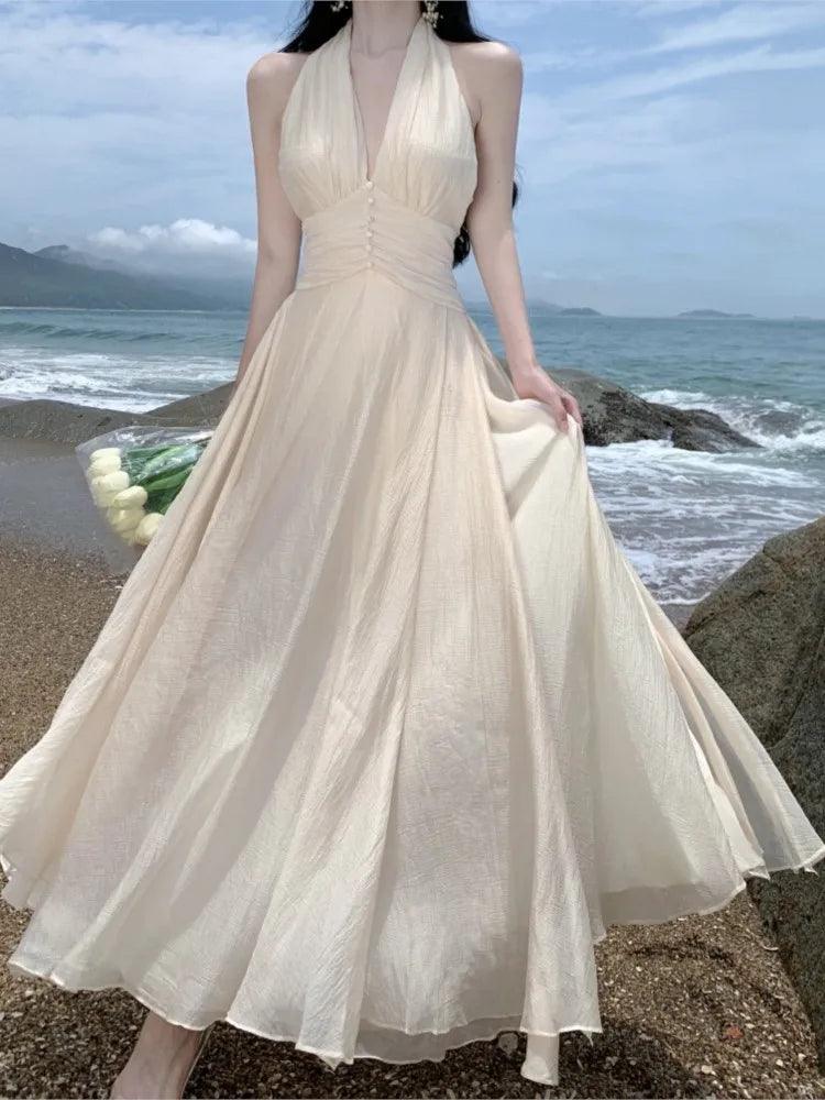 Summer Sleeveless Halter Long White Maxi Dress Elegant Tight Waist V-neck Beach Dress Robes Du Soir Evening Dresses Wedding Prom - Lizard Vigilante