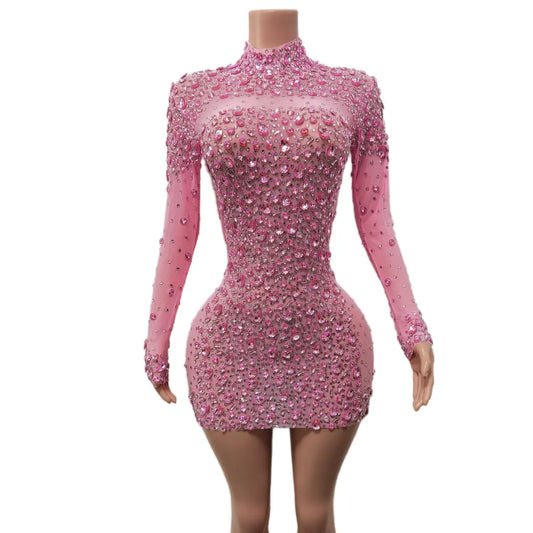 Christia Bella Sparkly Pink Rhinestones Dress – Sexy Dance Performance & Evening Party Dress with Abstract Pattern - Premium dress from Lizard Vigilante - Just $208.88! Shop now at Lizard Vigilante