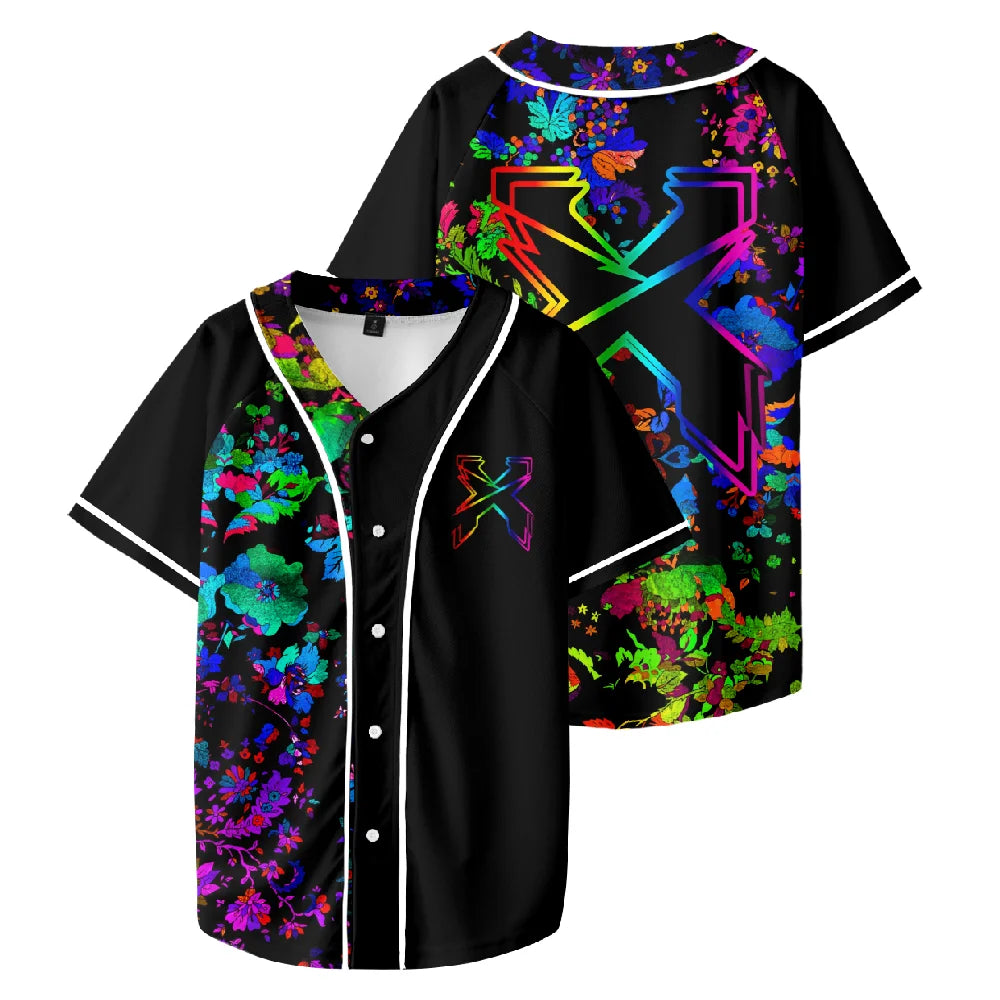 Excision Trippy Floral Pattern Baseball Jersey Merch Harajuku Thin button Baseball Uniform Baseball Jersey Fro EDC EDM Fan Top - Lizard Vigilante