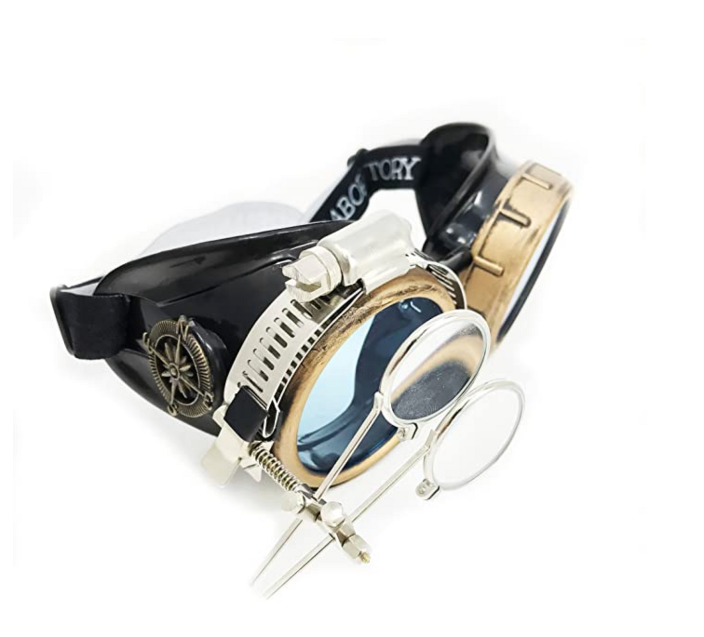 Steampunk Goggles with magnifying loupes UV glow neon blue prism diffraction lenses