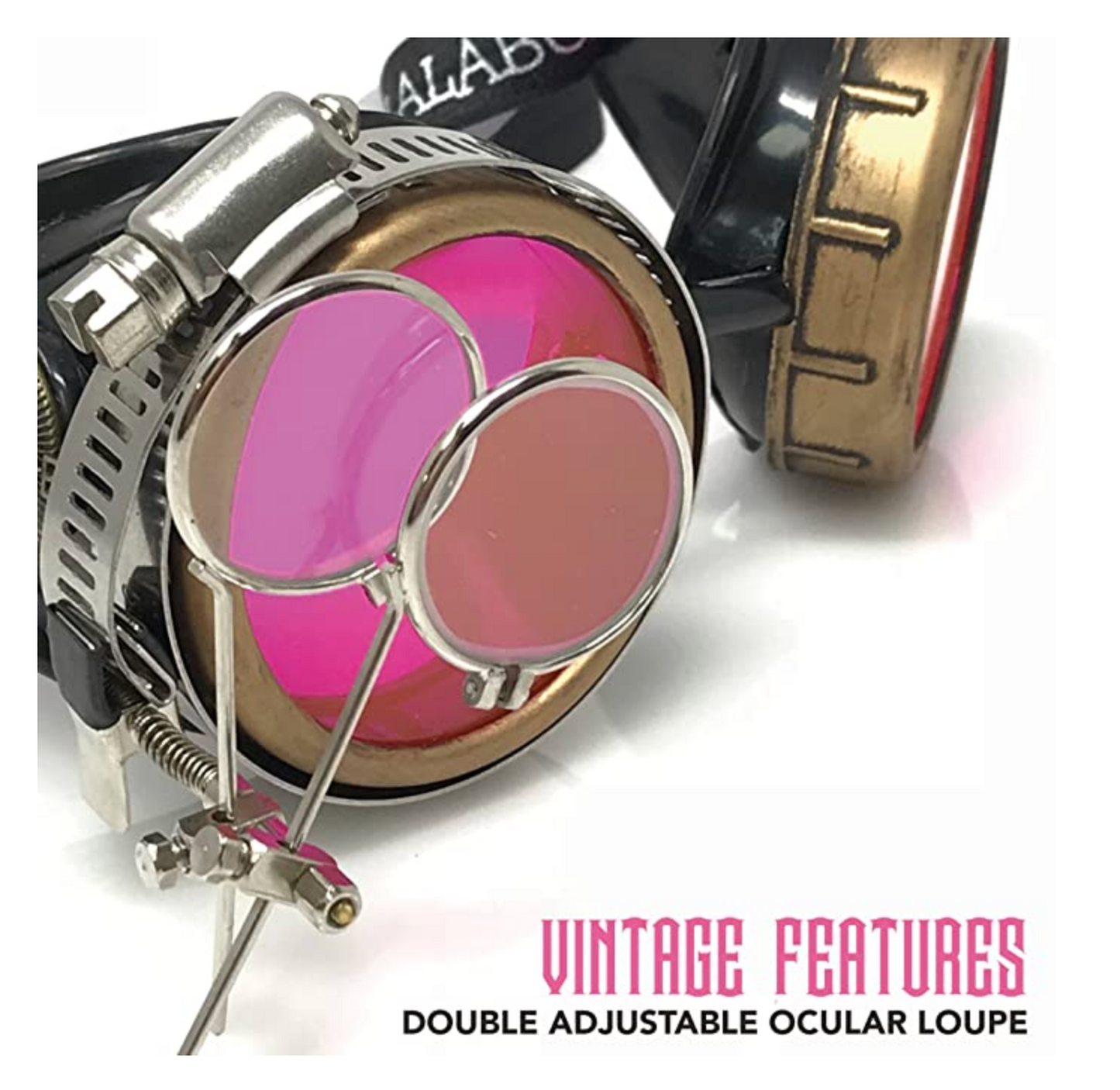 Steampunk Goggles with magnifying loupes UV glow neon pink prism diffraction lenses