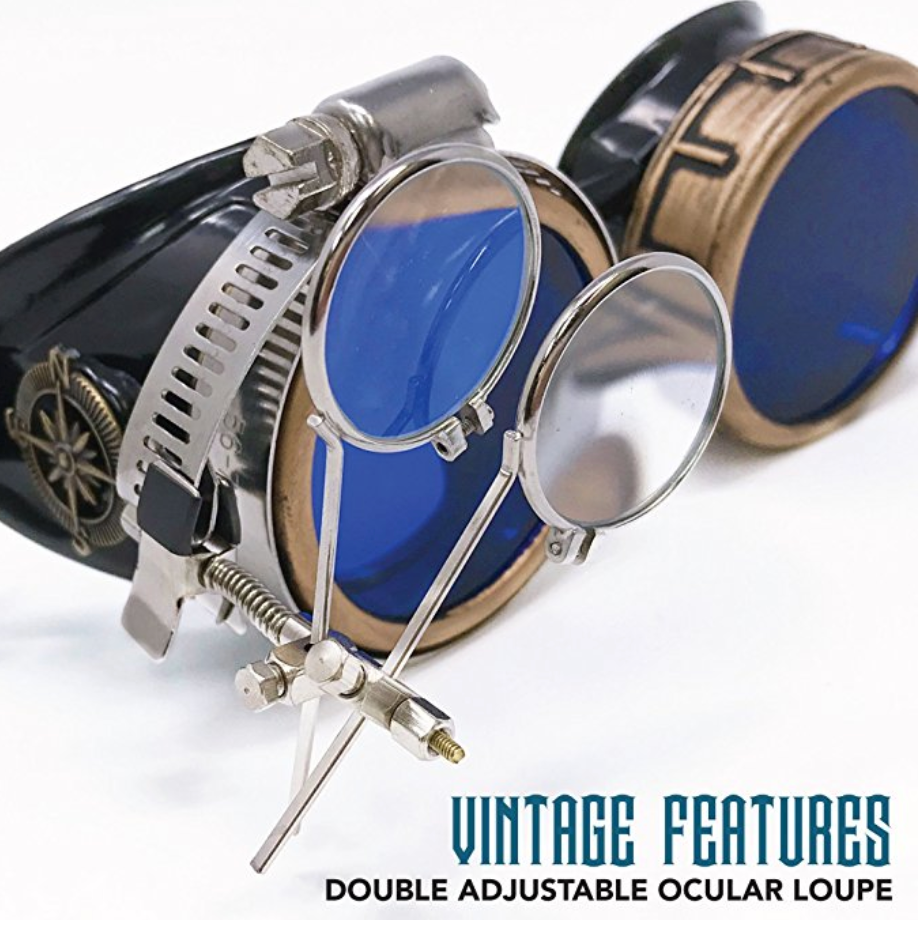 Victorian Steampunk Goggles with magnifying eye loupes blue lenses