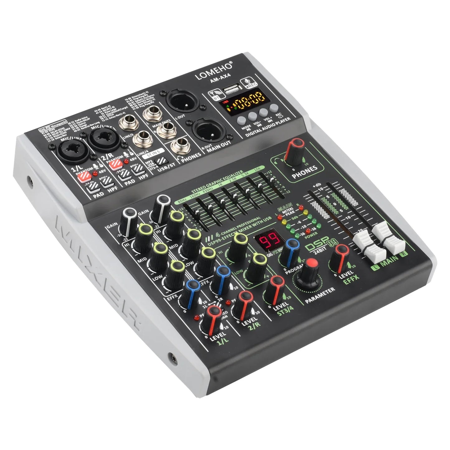 99 DSP Effects Mixing Console Podcast Mini 4/6 Channels Sound Audio Mixer Individual 48V Bluetooth USB PC Play Record AM-AX4/6