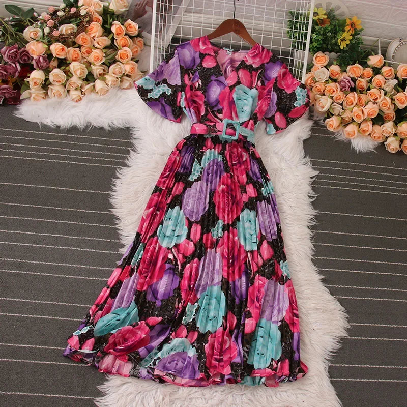 Women Dress Fashion Vintage Ins Bandage Slim Waist A-line Long Dress Vacation Beach Summer Outfits Lady Robe Femme