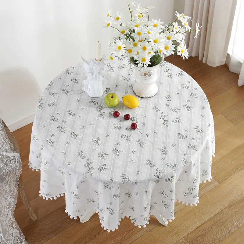 Cotton Table Cloth Round Tablecloth with Tassel Dust-Proof Floret Circular Table Cover for Kitchen Dinning Room Tabletop Decor