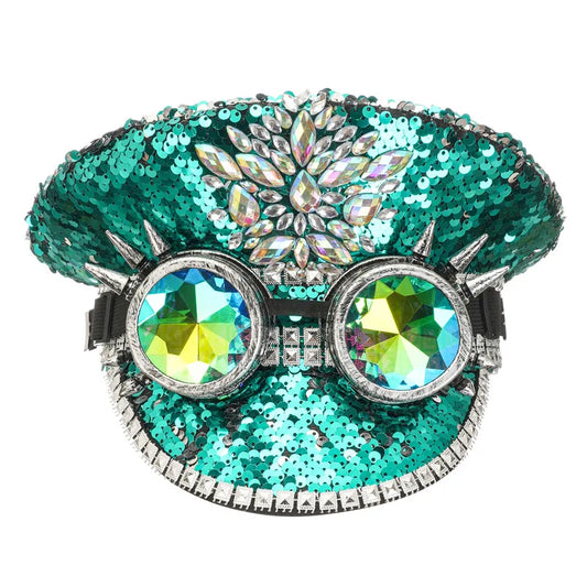 Green Sequined & Rhinestones Luxury Military Hat – Steampunk Rave Rock Festival Party Accessory with Removable Glasses - Premium Hat from Lizard Vigilante - Just $48.88! Shop now at Lizard Vigilante