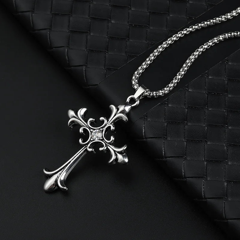 Gothic Style Retro Rhinestone Cross Stainless Steel Pendant ins Hip-Hop Men's Fashion Personality Versatile Necklace Accessories - Premium  from Lizard Vigilante - Just $4.99! Shop now at Lizard Vigilante