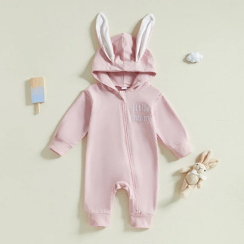 Adorable Infant Easter Romper with Hood Zipper Closure and Bunny Ears - Long Sleeve  for Spring Celebrations