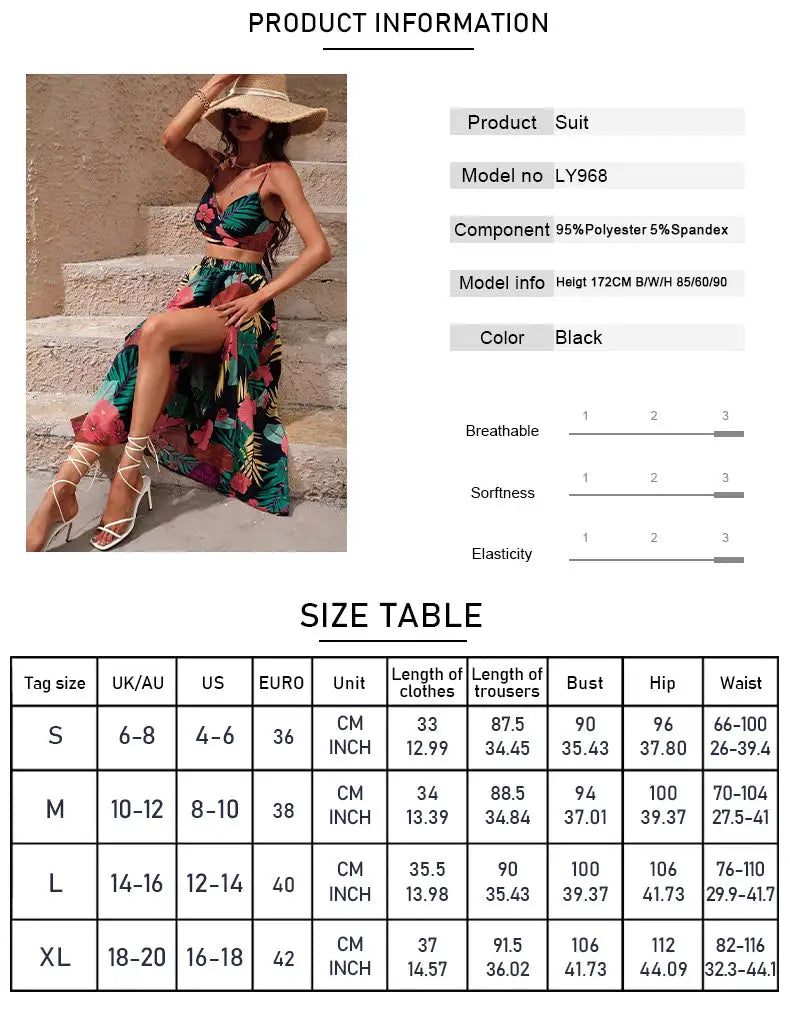 Y2K Bikini Crop Tops Long Dress Sexy Set for Women Summer Fashion Two Pieces Skirt Beach Style Floral Print Midi Sexy Boho Sets