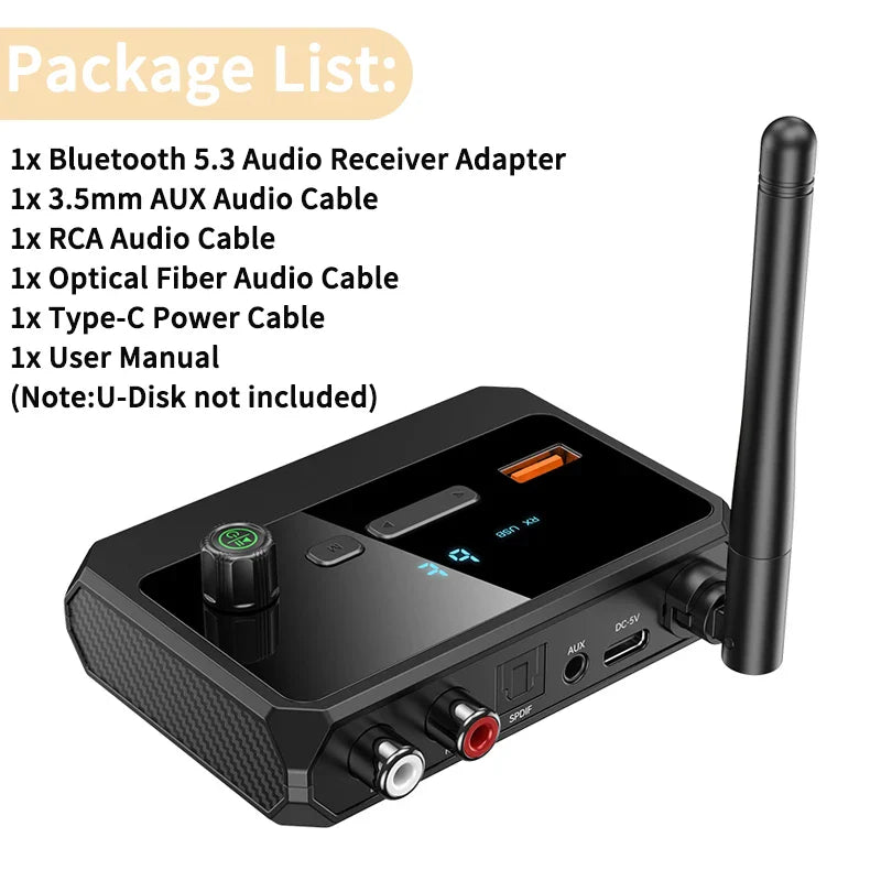 Bluetooth 5.3 Audio Receiver Support USB U-Disk Play Wireless Adapter R/L 2 RCA/3.5MM AUX/Optical Fiber Jack For Car Kit Speaker