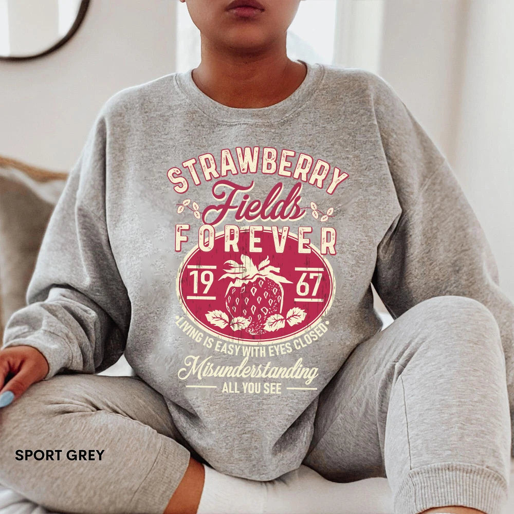 Retro Beatles Strawberry Fields Sweatshirt – Unisex Y2K Rock Band Fleece Streetwear for All Seasons - Premium tee from Lizard Vigilante - Just $43.88! Shop now at Lizard Vigilante