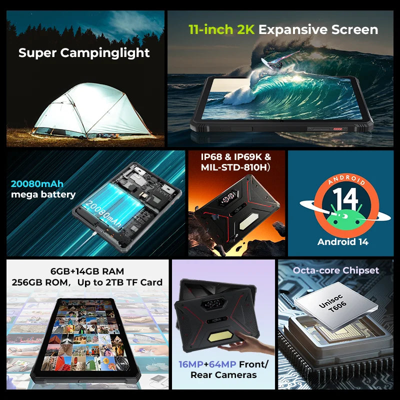 HOTWAV R9 Pro Rugged Tablet 11'' FHD+ 2K Display 20080mAh Massive Battery Pad Android 14 6GB 256GB Camera Global 4G Tablet PC
