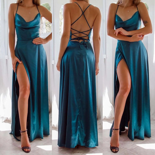 Elegant Women Sexy Satin Prom Dress Summer Sexy Blue High Slits Graduate Evening Long Dress Ladies Backless Lace Up Party Robes - Premium  from Lizard Vigilante - Just $17.99! Shop now at Lizard Vigilante