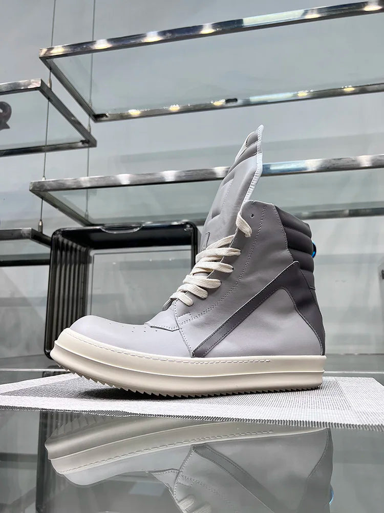 Casual Shoes Men High Top Gray Genuine Leather Luxury Trainers Women Geobasket Jumbo Lace Up Designer Sneaker Flats Ankle Boots - Premium  from Lizard Vigilante - Just $198.99! Shop now at Lizard Vigilante