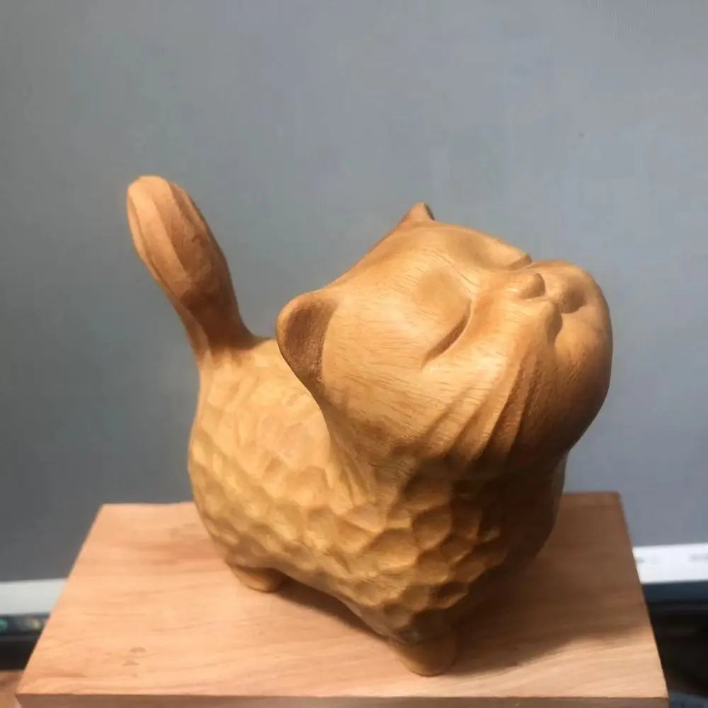 Cat Ornament Hand-carved Wooden Cat Statue Tiny Cute Cat Sculpture Miniature Creative Animal Figurine Desktop