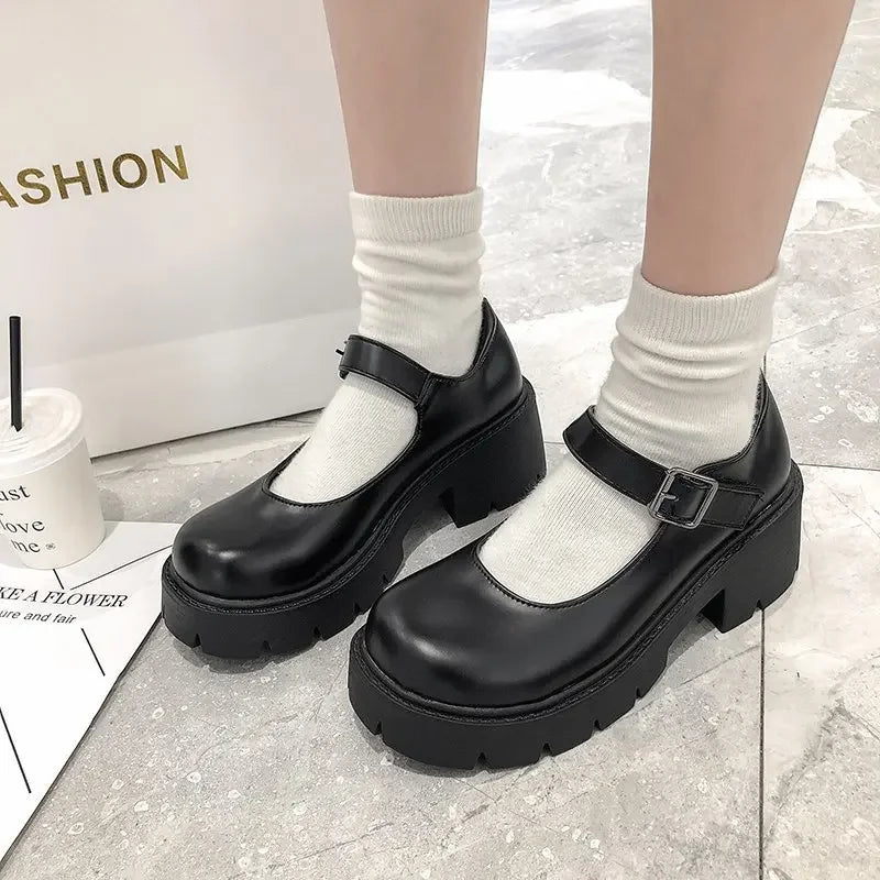 Patent Leather High Heels Mary Jane Shoes Women Japanese Style Ankle Platform Pumps Woman Buckle Jk Uniform Lolita Shoes