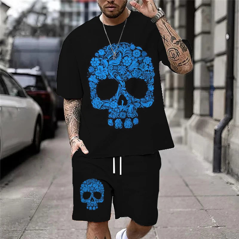 Summer New Casual Men's Skull Print T-Shirt Set Fashion Streetwear Tees Loose Oversized Breathable Soft Short Sleeves And Shorts - Premium tee shirt from Lizard Vigilante - Just $32.99! Shop now at Lizard Vigilante