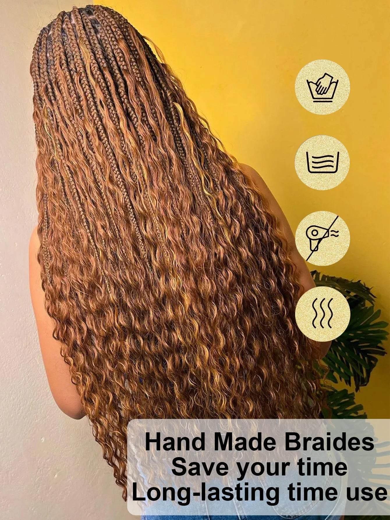 Boho Knotless Braided Wigs Synthetic Full Lace Braids With Curly Hair Ends Goddess Ombre Blonde Box Braided Wigs With Baby Hair