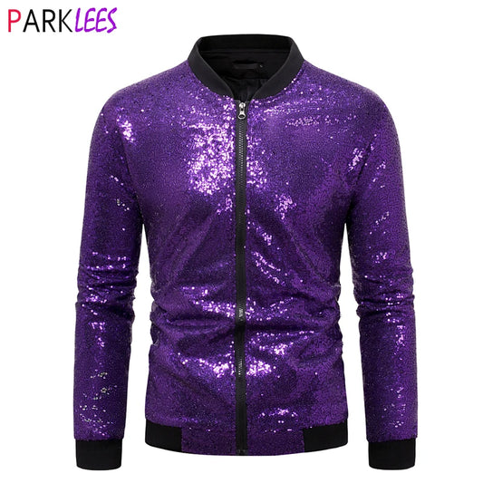 Men’s Purple Sequin Bomber Jacket – Zip-Up Sparkle Baseball Coat for Parties - Premium bomber jacket from Lizard Vigilante - Just $64.69! Shop now at Lizard Vigilante