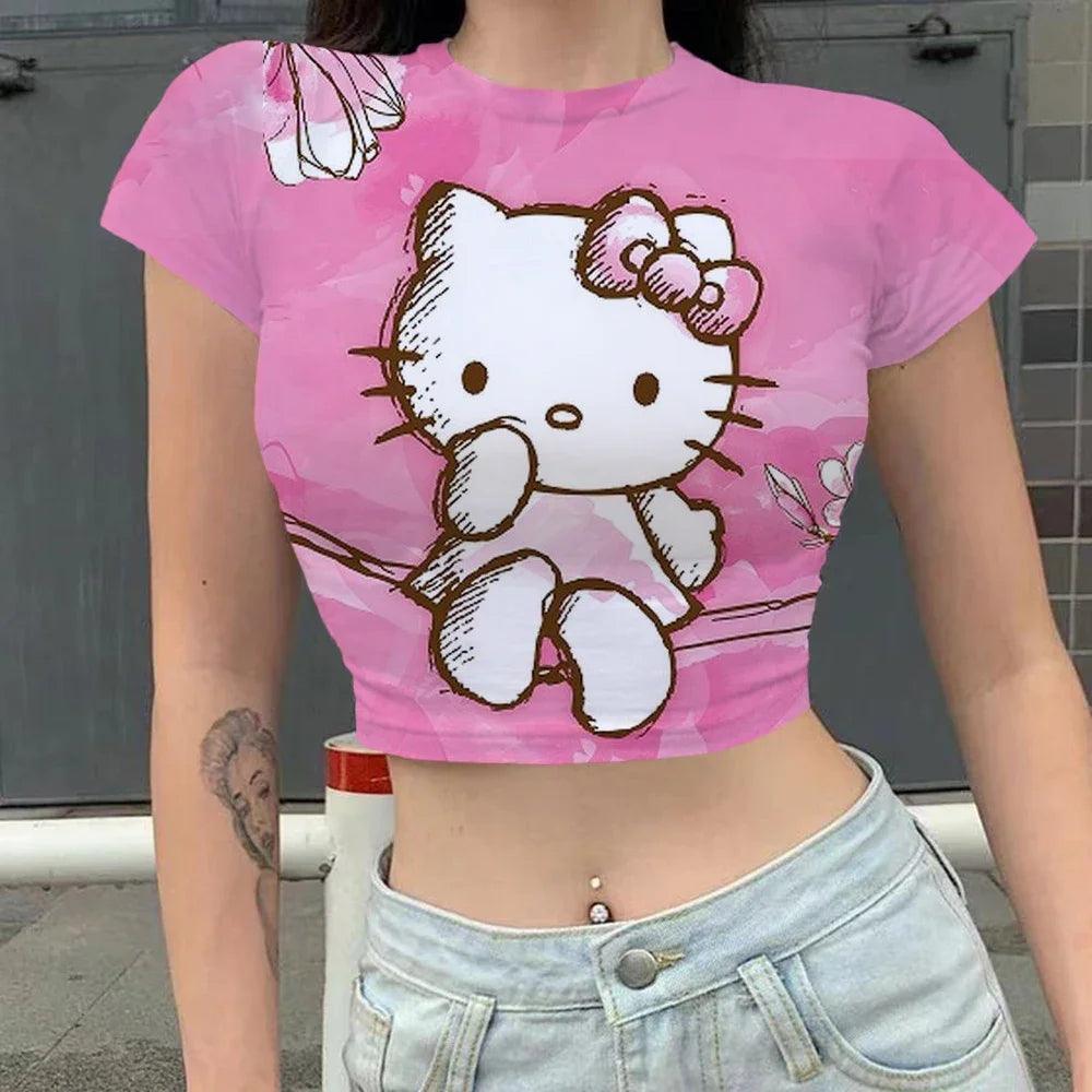 Kawaii Print Hello Kitty Y2K Crop Top | Slim Fit Women's Summer Party T-Shirt - Premium T-Shirts from Lizard Vigilante - Just $23.99! Shop now at Lizard Vigilante