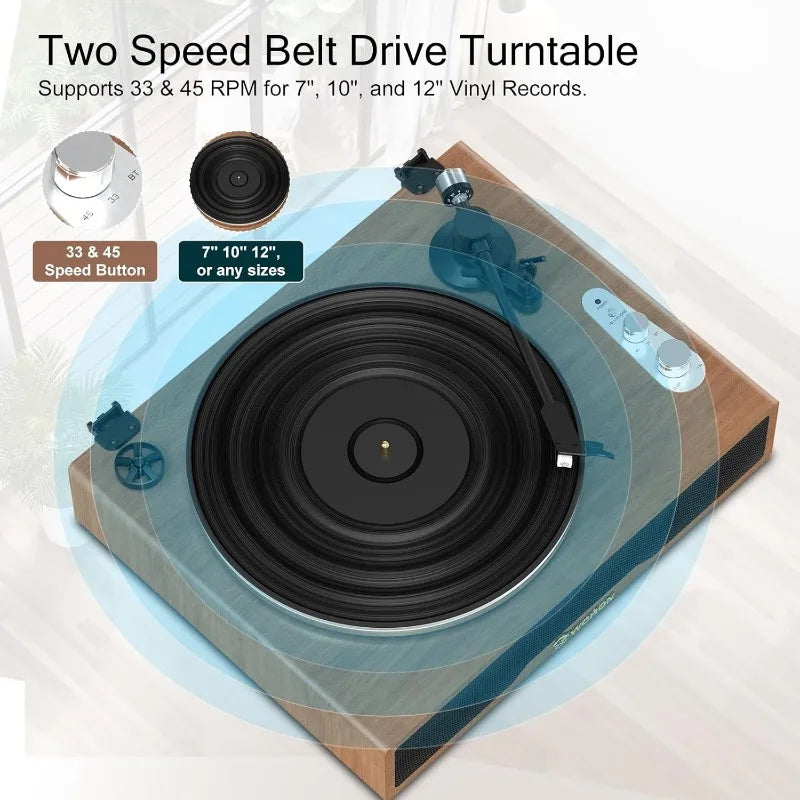 Hi-Fi Stereo Turntable Vinyl Record Player, Bluetooth Input/Output, Belt Drive, 2-Speed with Adjustable - Premium  from Lizard Vigilante - Just $406.99! Shop now at Lizard Vigilante