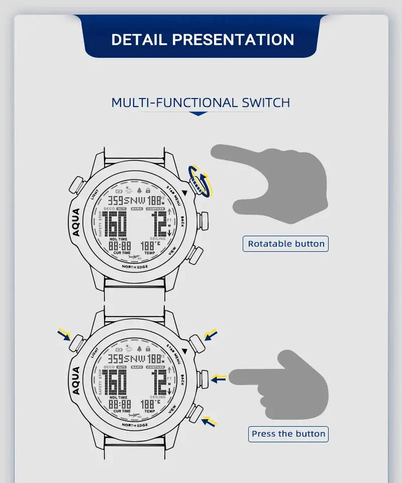 Men Dive Computer Watch Waterproof 100M Smart Digital Free Diving Watches Barometer Compass Temperature Clock