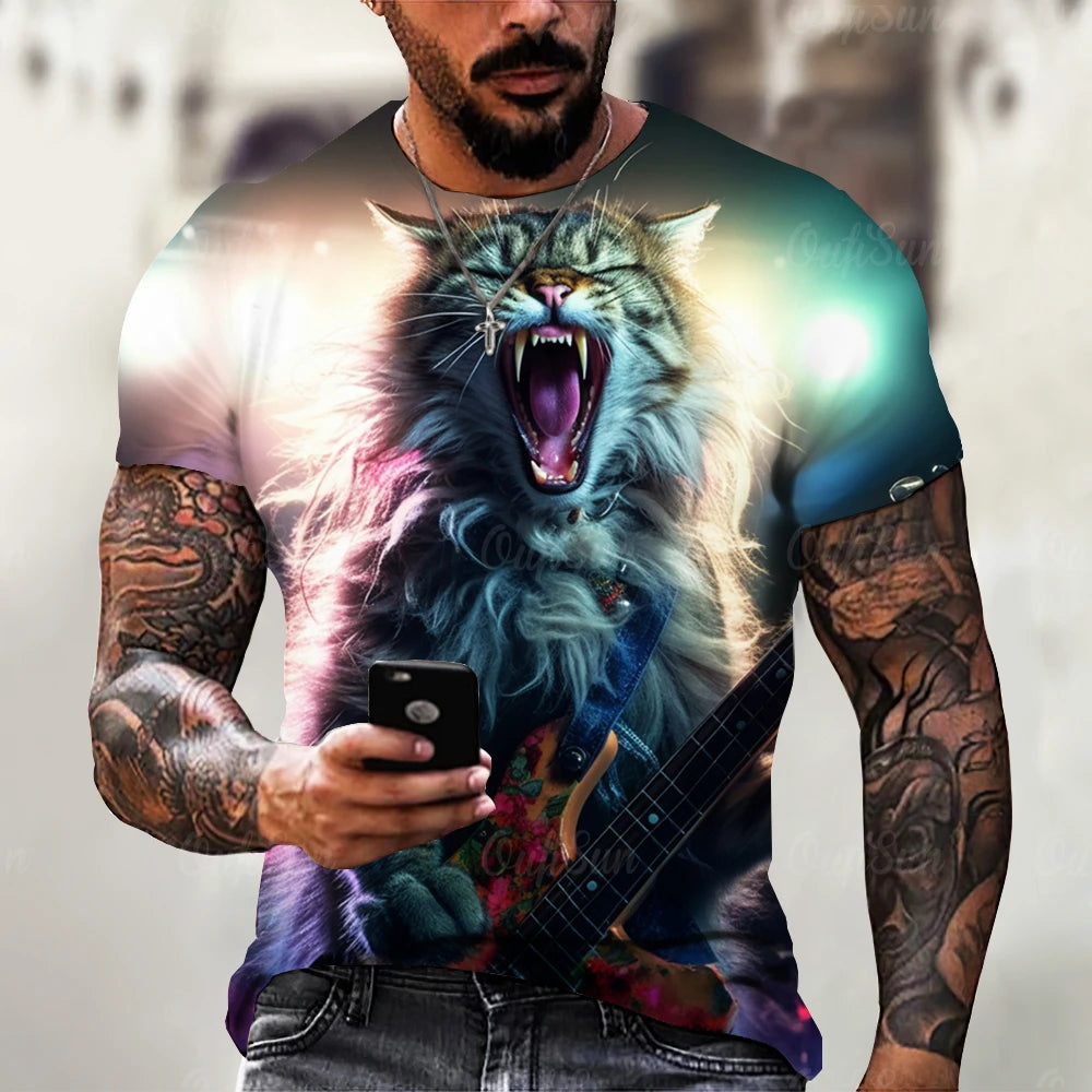 Funny T Shirt For Men Summer Short Sleeve Animal T-Shirts Rock Metal Cat 3d Print Fashion Casual Street Oversized Men's Clothing - Premium T-Shirt from Lizard Vigilante - Just $22.99! Shop now at Lizard Vigilante