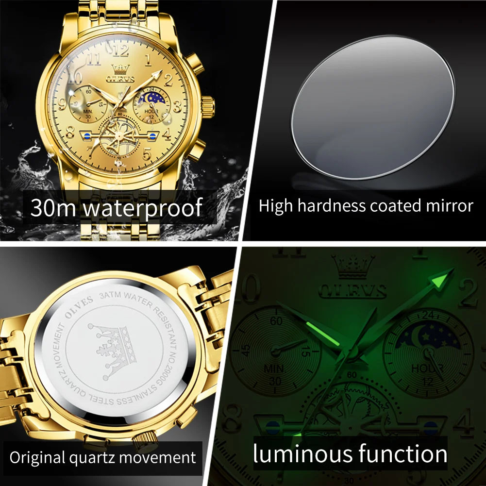 OLEVS New Flywheel Design Luxury Couple Watch Waterproof Moon Phase Chronograph Brand Original Quartz Wrist Watch for Men Women - Premium  from Lizard Vigilante - Just $50.99! Shop now at Lizard Vigilante