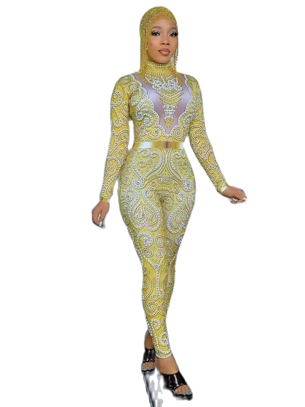 Sexy Silver & Gold Rhinestone Bodysuit – DJ, Bar, Singer, and Catwalk Stage Costume with Crystals & Pearl Appliques - Premium costume from Lizard Vigilante - Just $99.91! Shop now at Lizard Vigilante