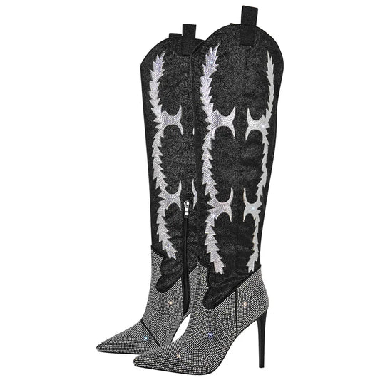 Rhinestone Over The Knee Pointed Toe Boots Lady High Heels Side Zipper Sparkly Winter Boots - Premium boots from Lizard Vigilante - Just $143.99! Shop now at Lizard Vigilante