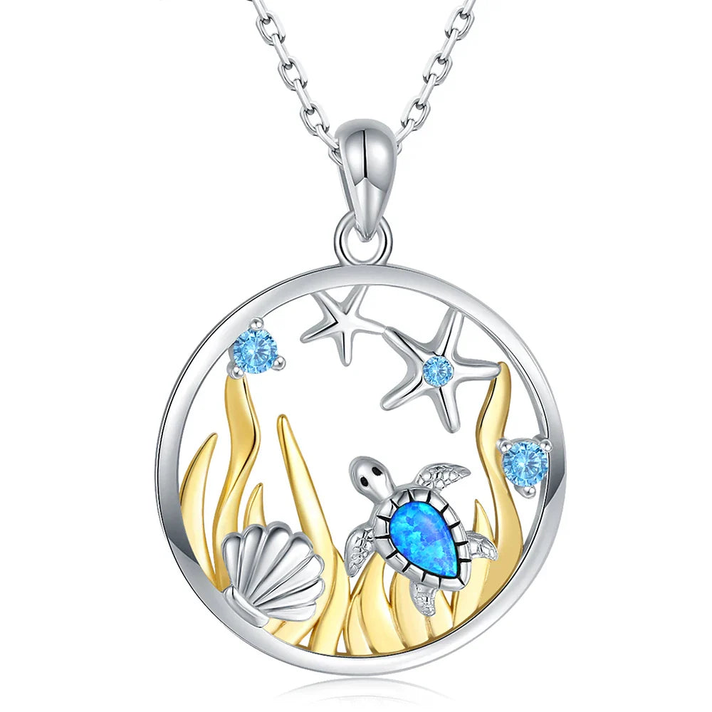 925 Sterling Silver Opal Sea Turtle Starfish Necklace Ocean Beach Necklace Mother Daughter Pendant Animal Jewelry Gift for Women