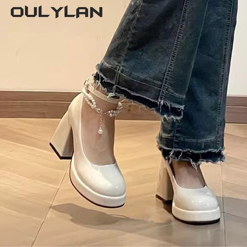 Oulylan New Ladies High Heels Elegant Toe Black High Heels Fashion Thick Heel Wedding Party Pearl Lace Wedding Shoe - Premium  from Lizard Vigilante - Just $37.99! Shop now at Lizard Vigilante