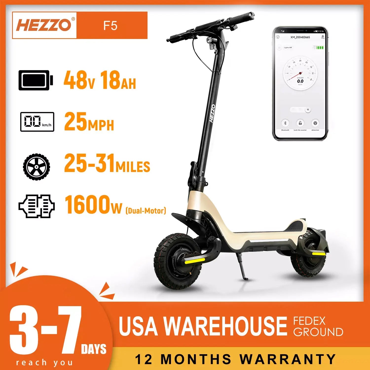 HEZZO Electric Scooter 18Ah 48V 1600W Powerful Dual Motors City Off Road F5 Escooter Oil Brake 28Mph 37 Miles Range US Warehouse - Premium  from Lizard Vigilante - Just $1179.99! Shop now at Lizard Vigilante