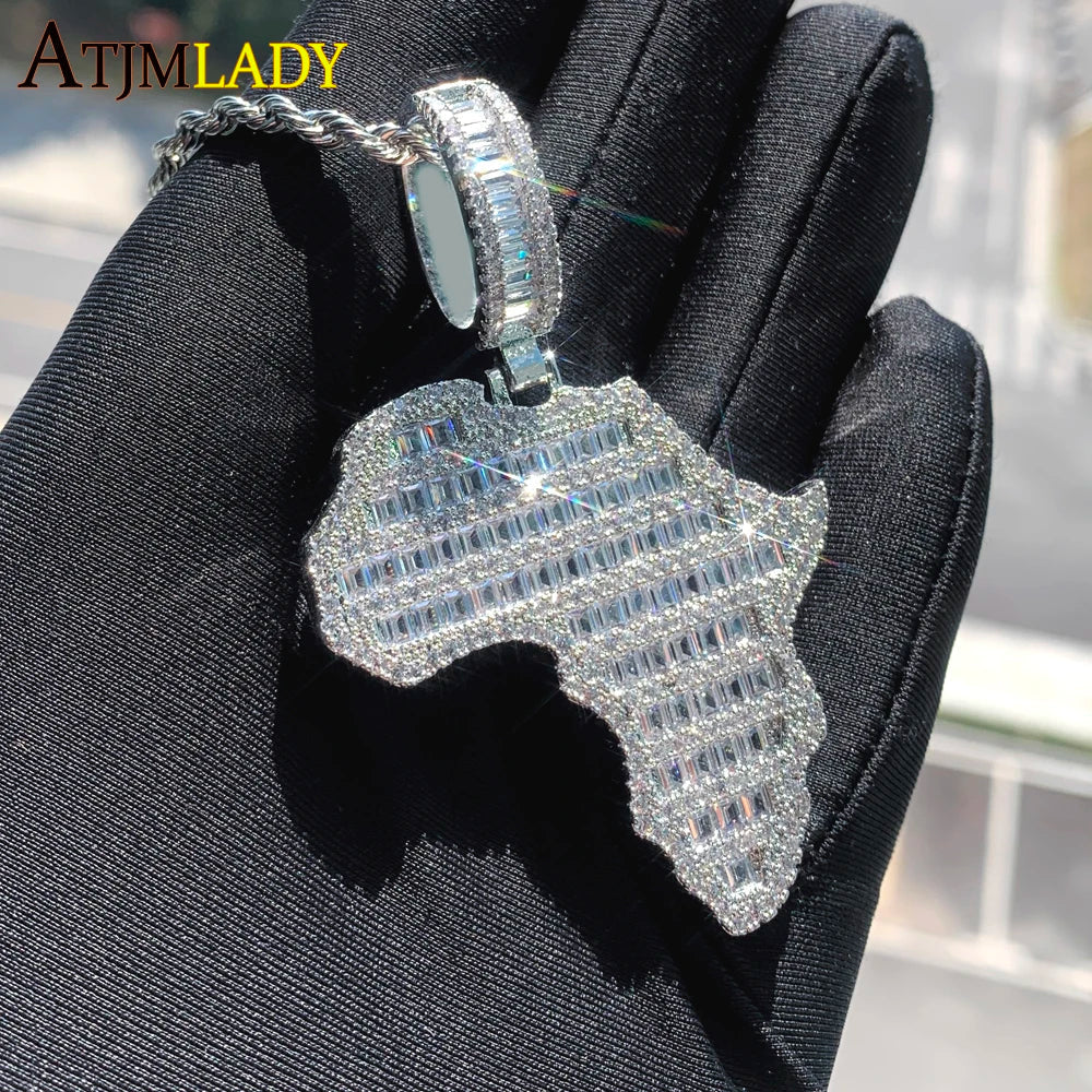 New Arrive Rectangle Cubic Zirconia CZ Paved Bling Africa Map Shaped Pendant Necklace Hip Hop Men Boy Cool Meaning Jewelry