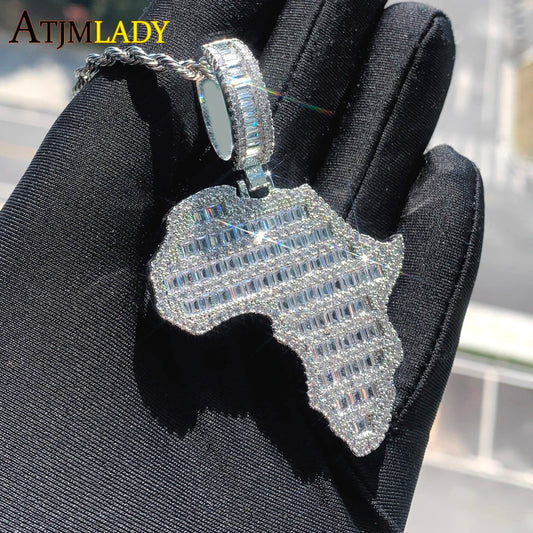 New Arrive Rectangle Cubic Zirconia CZ Paved Bling Africa Map Shaped Pendant Necklace Hip Hop Men Boy Cool Meaning Jewelry