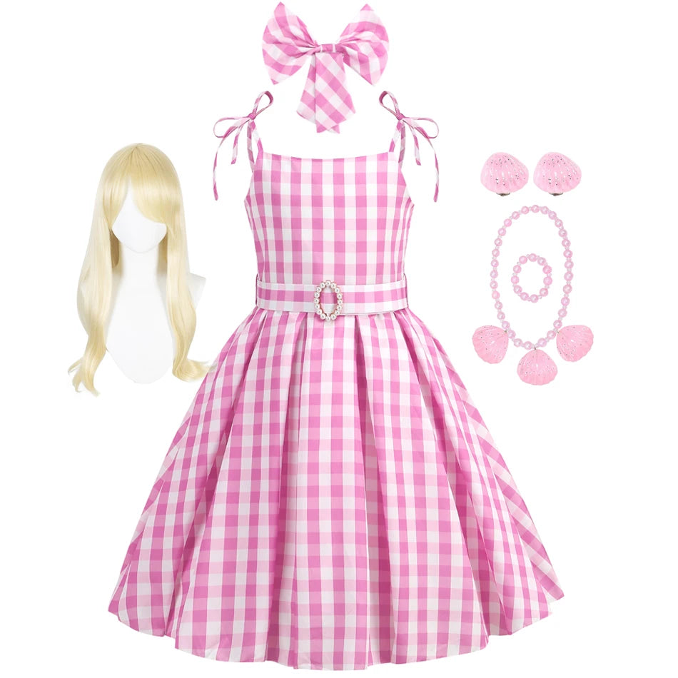 Barbie Movie Costume Girls Princess Cosplay Clothes Children Pink Plaid Dress Halloween Carnival Kids Party Wear 2-10 Years - Premium Cosplay Costumes from Lizard Vigilante - Just $18.99! Shop now at Lizard Vigilante