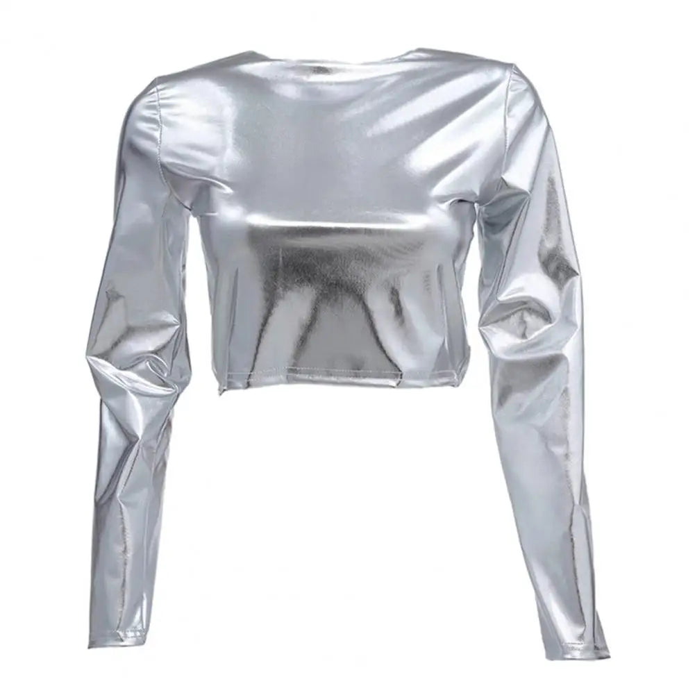 PU Short Top Women Shiny Leather Top Glossy Faux Leather Long Sleeve Skinny Pullover Elastic Nightclub Stage Show Party Crop Top - Premium  from Lizard Vigilante - Just $6.99! Shop now at Lizard Vigilante