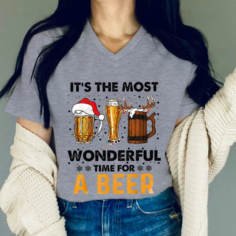 "It's The Most Wonderful Time for A Beer" V-Neck Tee – Casual Christmas Shirt - Premium T-Shirt from Lizard Vigilante - Just $23.88! Shop now at Lizard Vigilante