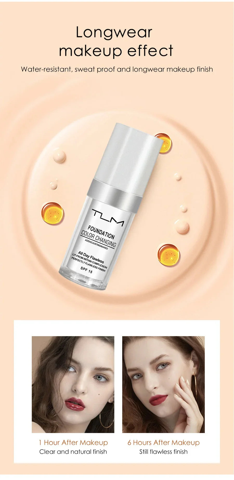 TLM TUM Liquid Foundation Cream Professional Full Coverage Face Concealer Waterproof Makeup Base Brighten Cover Dark Circles30ML