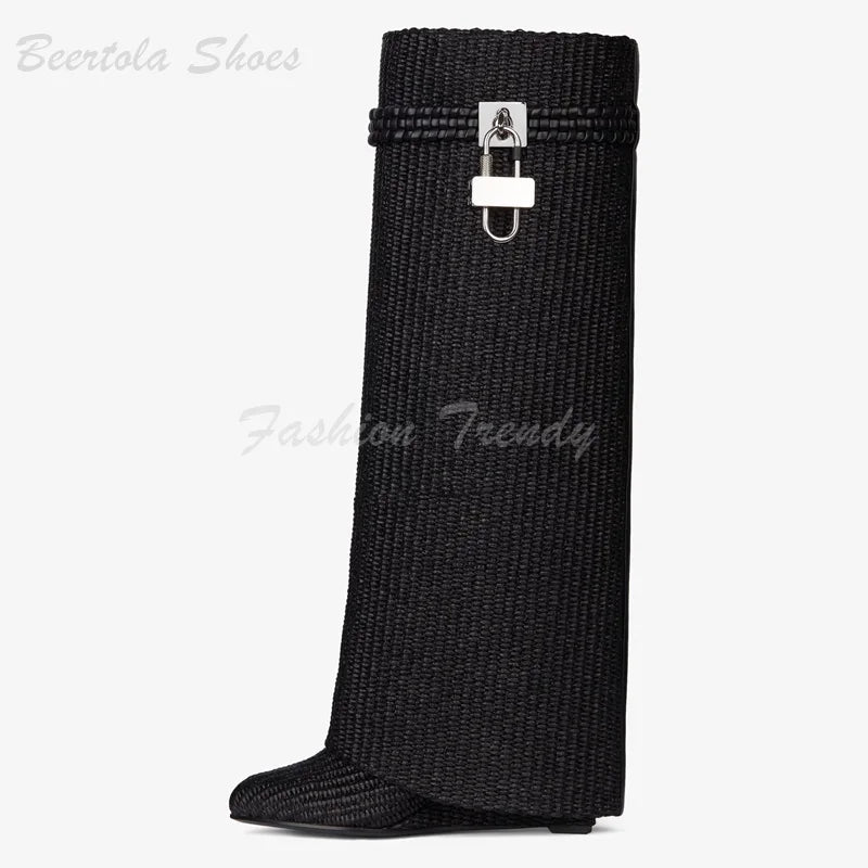 Abesire Silver Crystal Round Flat Metal Buckle Knee Boots: Luxurious and Stylish - Premium boots from Lizard Vigilante - Just $156.88! Shop now at Lizard Vigilante